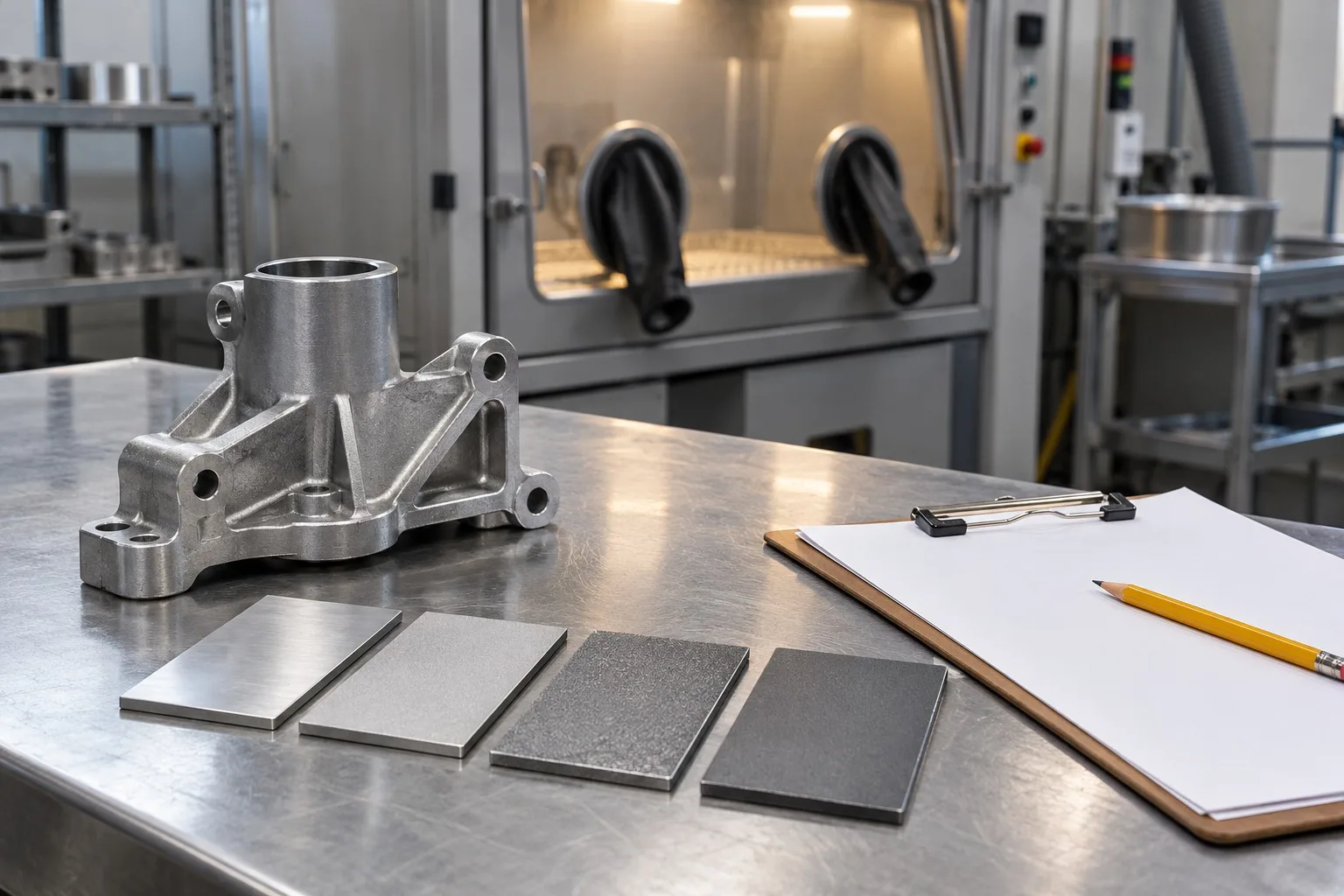 Metallwerkstück und neutrale Materialplatten neben Klemmbrett und Stift auf einer sauberen Werkbank.